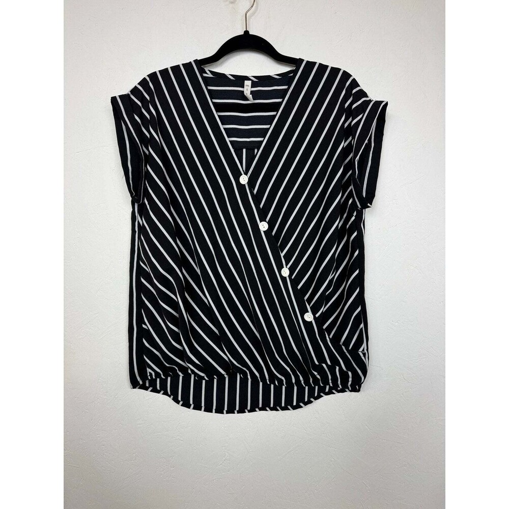 Mts Black and White Short Sleeve Blouse Women's Size Medium